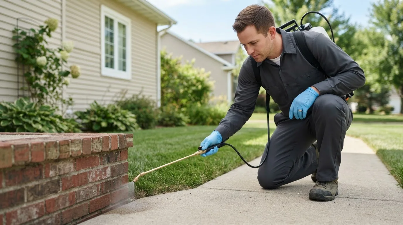 Pest control technician treating a home near Denville, NJ